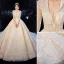 High-end Champagne Wedding Dresses 2020 Ball Gown V-Neck Handmade  Beading Glitter Rhinestone Lace Flower 3/4 Sleeve Backless Royal Train