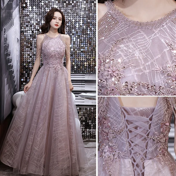 Charming Sexy Purple Beading Evening Dresses  Prom Dresses 2021 A-Line / Princess Scoop Neck Pearl Rhinestone Sequins Lace Flower Sleeveless Backless Floor-Length / Long Formal Dresses