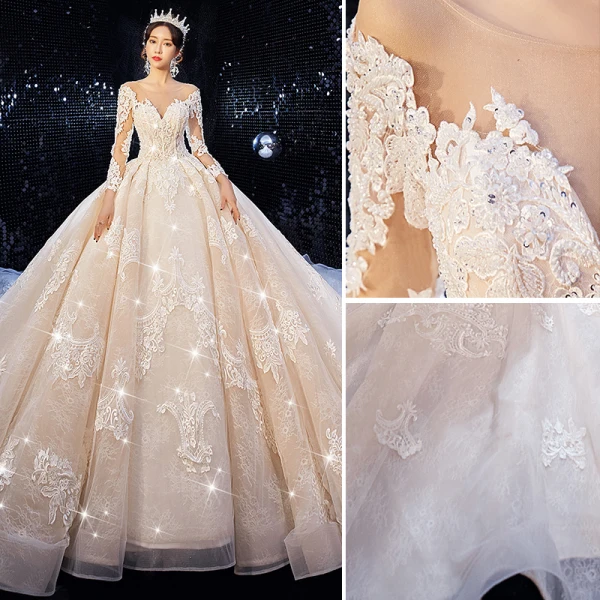 Luxe Champagne Robe De Mariée 2020 Robe Boule Encolure Dégagée Perlage Paillettes En Dentelle Fleur 3/4 Manches Dos Nu Royal Train