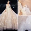 Luxe Champagne Robe De Mariée 2020 Robe Boule Encolure Dégagée Perlage Paillettes En Dentelle Fleur 3/4 Manches Dos Nu Royal Train