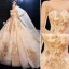 Luxury / Gorgeous Champagne Wedding Dresses 2020 Ball Gown Scoop Neck Beading Crystal Sequins Lace Flower Long Sleeve Backless Royal Train