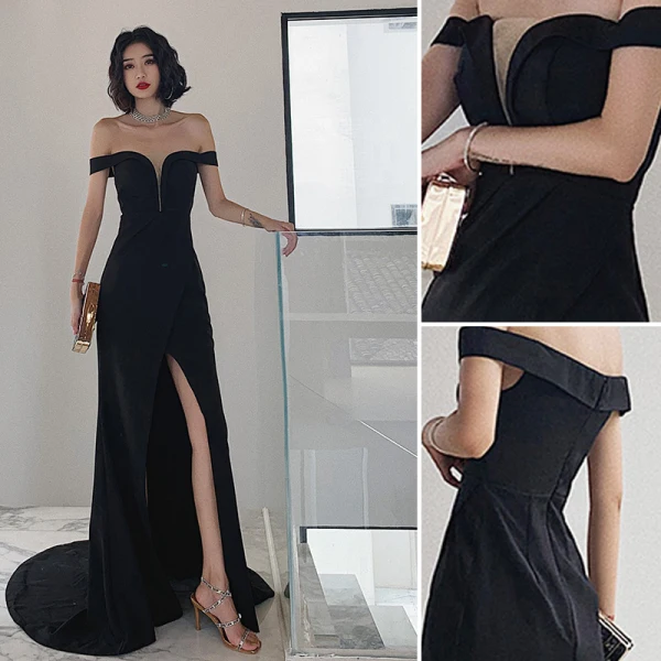 Klassisch Einfarbig Schwarz Abendkleider 2020 Meerjungfrau Off Shoulder Ärmellos Rückenfreies Gespaltete Front Sweep / Pinsel Zug Festliche Kleider