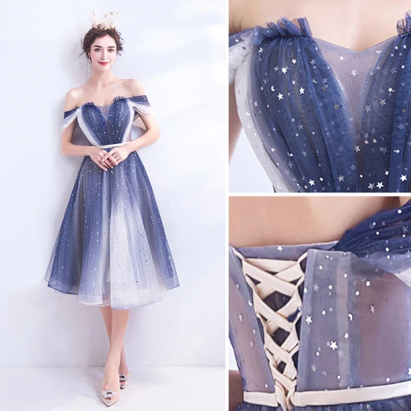 Fashion Ocean Blue Ivory Gradient-Color Cocktail Dresses 2020 A-Line / Princess Off-The-Shoulder Short Sleeve Backless Knee-Length Formal Dresses