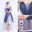 Fashion Ocean Blue Ivory Gradient-Color Cocktail Dresses 2020 A-Line / Princess Off-The-Shoulder Short Sleeve Backless Knee-Length Formal Dresses