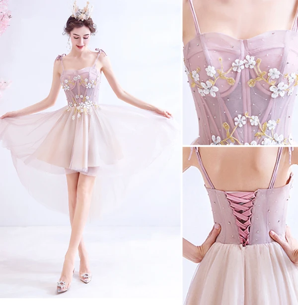 Chic / Belle Rougissant Rose Robe De Fete 2020 Princesse Bretelles Spaghetti Perlage Faux Diamant Appliques Sans Manches Dos Nu Asymétrique Robe De Ceremonie