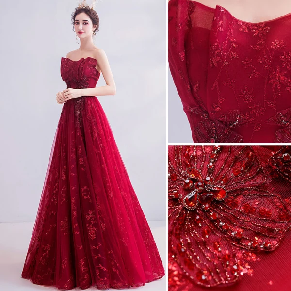Chic / Beautiful Red Evening Dresses 2020 A-Line / Princess Strapless Beading Sequins Lace Rhinestone Sleeveless Backless Floor-Length / Long Formal Dresses