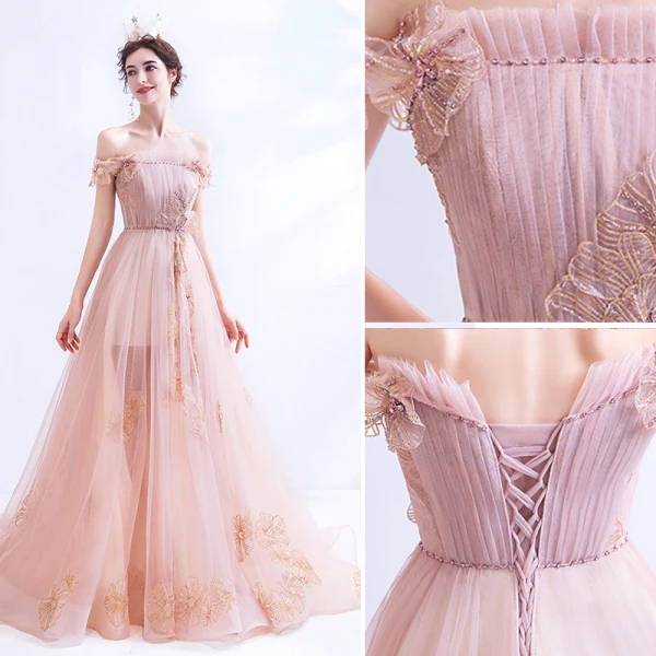 Edles Rosa Abendkleider 2020 A Linie Rüschen Off Shoulder Perlenstickerei Strass Pailletten Ärmellos Rückenfreies Sweep / Pinsel Zug Festliche Kleider