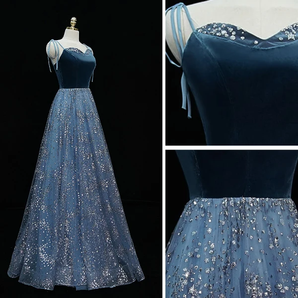 Scintillantes Bleu D'encre Robe De Soirée 2020 Princesse Bretelles Spaghetti Paillettes Sans Manches Dos Nu Longue Robe De Ceremonie