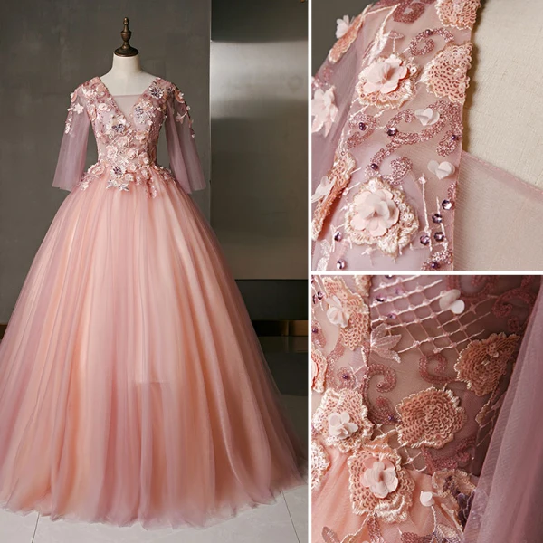 Flower Fairy Pearl Pink Prom Dresses 2020 Ball Gown V-Neck Pearl Sequins Lace Flower Appliques 3/4 Sleeve Backless Floor-Length / Long Formal Dresses