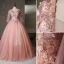 Flower Fairy Pearl Pink Prom Dresses 2020 Ball Gown V-Neck Pearl Sequins Lace Flower Appliques 3/4 Sleeve Backless Floor-Length / Long Formal Dresses