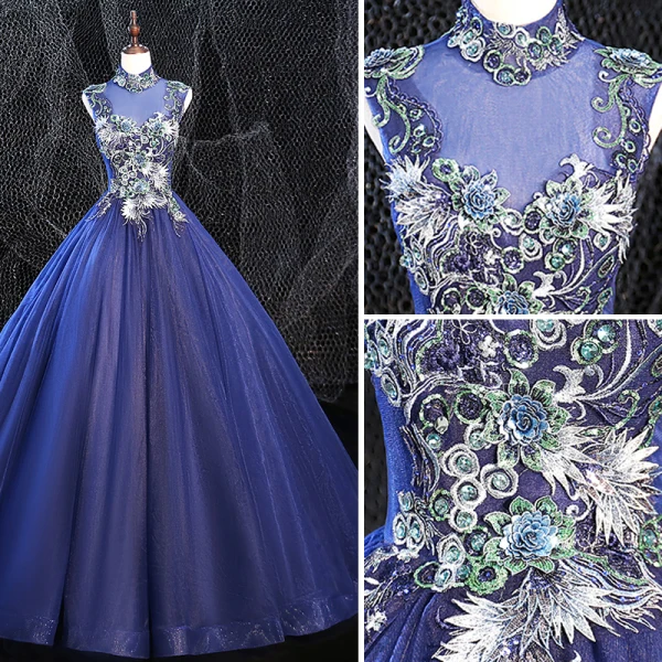 Vintage / Retro Royal Blue Prom Dresses 2020 Ball Gown High Neck Beading Rhinestone Lace Flower Sleeveless Backless Floor-Length / Long Formal Dresses