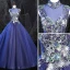 Vintage / Retro Royal Blue Prom Dresses 2020 Ball Gown High Neck Beading Rhinestone Lace Flower Sleeveless Backless Floor-Length / Long Formal Dresses