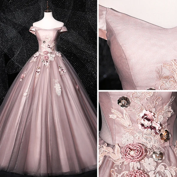Flower Fairy Blushing Pink Grey Prom Dresses 2020 Ball Gown Off-The-Shoulder Beading Appliques Lace Flower Sleeveless Backless Floor-Length / Long Formal Dresses