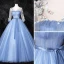 Elegant Sky Blue Prom Dresses 2020 Ball Gown Scoop Neck Bow Pearl Appliques 3/4 Sleeve Backless Floor-Length / Long Formal Dresses