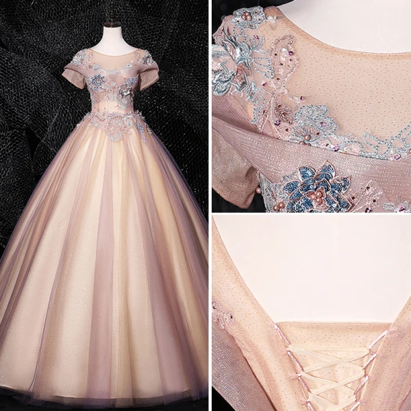 Vintage / Retro Blushing Pink Quinceañera Prom Dresses 2020 Ball Gown Scoop Neck Pearl Sequins Rhinestone Lace Flower Short Sleeve Backless Floor-Length / Long Formal Dresses