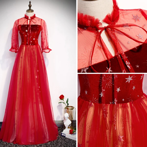 Elegante Rot Abendkleider 2020 A Linie Stehkragen Star Pailletten Schleife 3/4 Ärmel Rückenfreies Lange Festliche Kleider