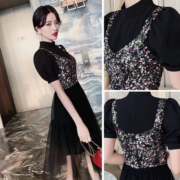 Fashion Black Party Dresses 2020 A-Line / Princess High Neck Sequins Short Sleeve Tea-length Formal Dresses