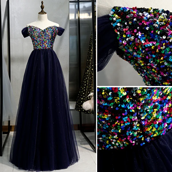 Schöne Marineblau Abendkleider 2020 A Linie Off Shoulder Multifarben Pailletten Lange Kurze Ärmel Rückenfreies Festliche Kleider