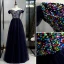 Schöne Marineblau Abendkleider 2020 A Linie Off Shoulder Multifarben Pailletten Lange Kurze Ärmel Rückenfreies Festliche Kleider