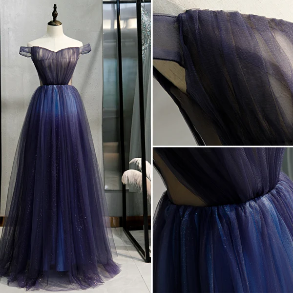 Chic / Belle Bleu Marine Dégradé De Couleur Robe De Soirée 2020 Princesse De l'épaule Manches Courtes Dos Nu Longue Robe De Ceremonie