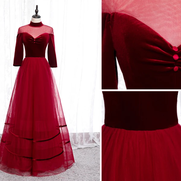 Elegant Red Evening Dresses  2020 A-Line / Princess High Neck Suede 3/4 Sleeve Backless Floor-Length / Long Formal Dresses