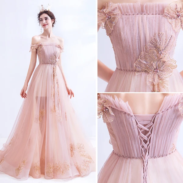 Mode Perle Rose Robe De Soirée 2021 Princesse De l'épaule Glitter Perlage Faux Diamant Paillettes Sans Manches Dos Nu Train De Balayage Robe De Ceremonie