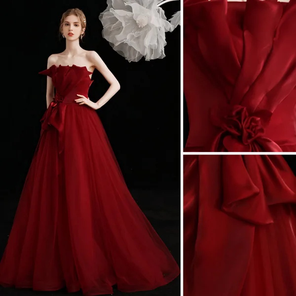Charming Burgundy Prom Dresses Evening Dresses  2021 A-Line / Princess Strapless Bow Sleeveless Backless Floor-Length / Long Evening Party Formal Dresses