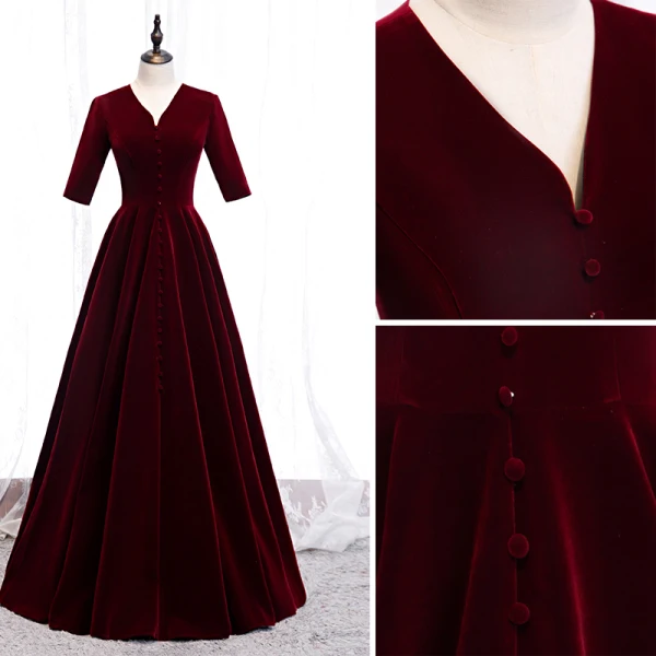 Modest / Simple Burgundy Evening Dresses  2020 A-Line / Princess V-Neck Suede 1/2 Sleeves Floor-Length / Long Formal Dresses