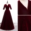 Modest / Simple Burgundy Evening Dresses  2020 A-Line / Princess V-Neck Suede 1/2 Sleeves Floor-Length / Long Formal Dresses