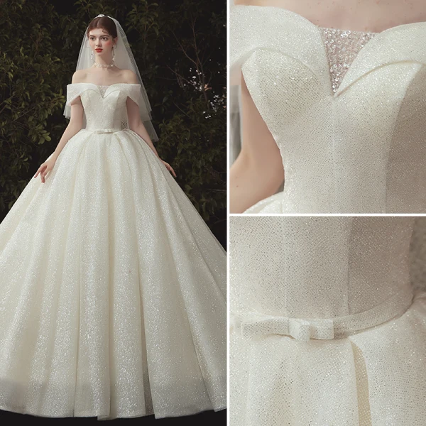 High End Ivory / Creme Glanz Brautkleider / Hochzeitskleider 2020 Ballkleid Off Shoulder Pailletten Kurze Ärmel Rückenfreies Kathedrale Schleppe