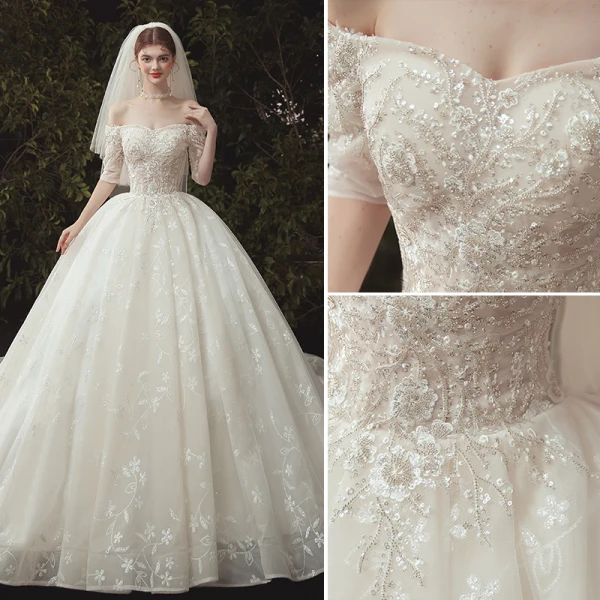 Luxus / Herrlich Ivory / Creme Brautkleider / Hochzeitskleider 2020 Ballkleid Off Shoulder Perlenstickerei Spitze Blumen Pailletten Kurze Ärmel Rückenfreies Kathedrale Schleppe