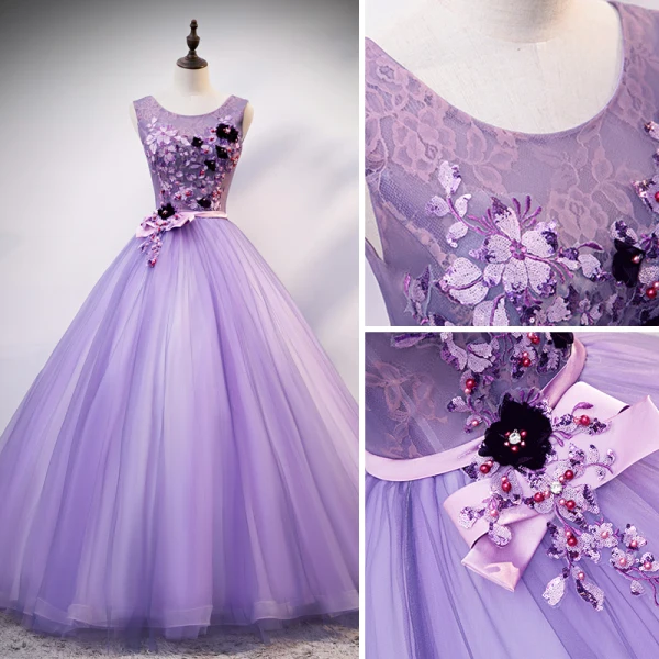 Flower Fairy Fairytale Lavender Quinceañera Prom Dresses 2020 Ball Gown Scoop Neck Appliques Pearl Rhinestone Bow Lace Flower Sleeveless Backless Floor-Length / Long Formal Dresses