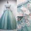 Flower Fairy Jade Green Fairytale Prom Dresses 2020 Ball Gown Off-The-Shoulder Pearl Rhinestone Lace Flower Appliques 3/4 Sleeve Backless Floor-Length / Long Formal Dresses