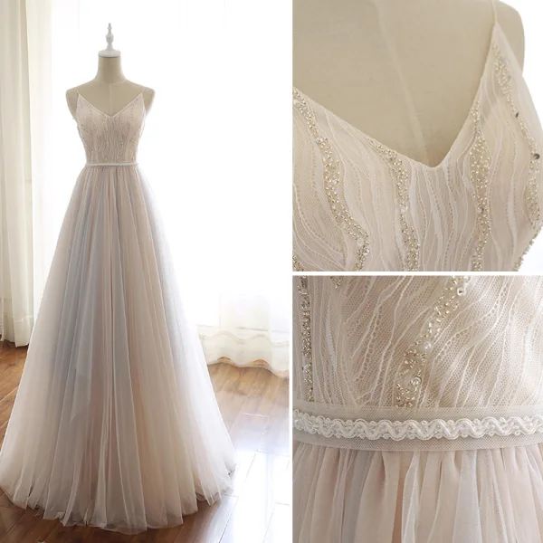 Luxe Beige Robe De Soirée 2020 Princesse Bretelles Spaghetti Perlage En Dentelle Fleur Paillettes Sans Manches Dos Nu Noeud Longue Robe De Ceremonie