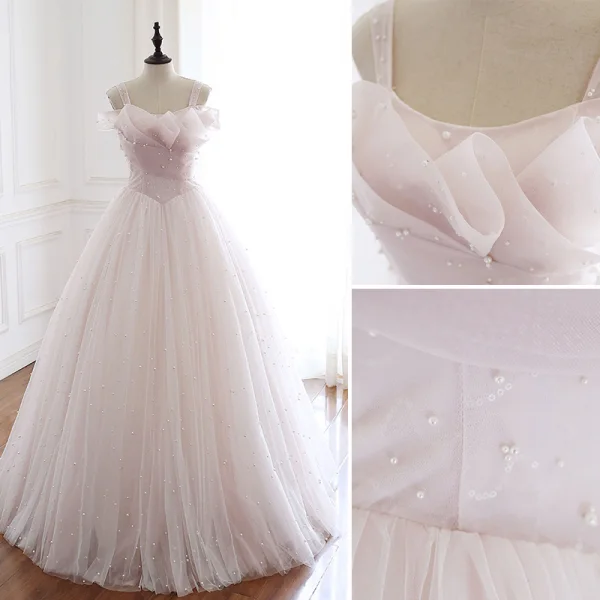 High End Rosa Perle Brautkleider / Hochzeitskleider 2020 A Linie Eckiger Ausschnitt Ärmellos Rückenfreies Lange