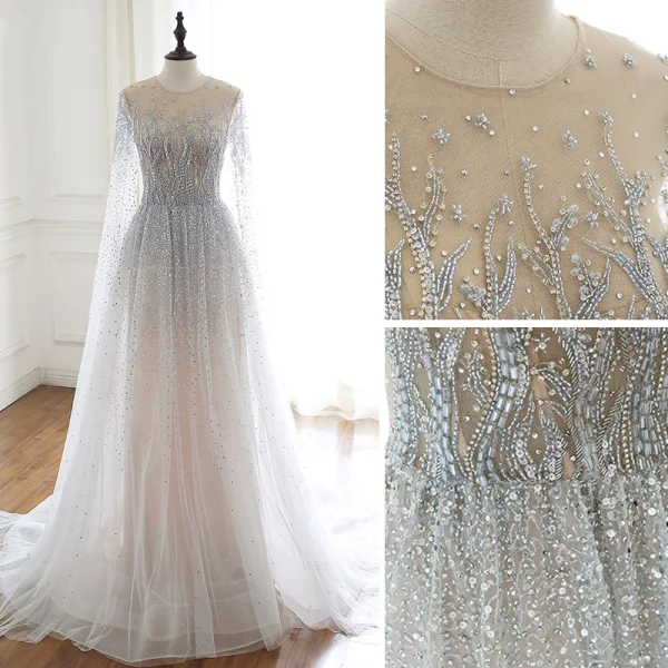 Luxury / Gorgeous Grey Handmade  Beading Wedding Dresses 2020 A-Line / Princess Scoop Neck Rhinestone Sequins Long Sleeve Court Train