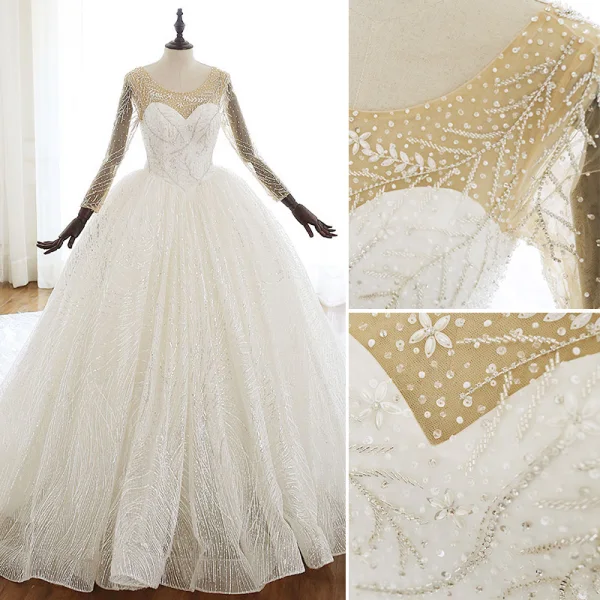 Luxe Ivoire Robe De Mariée 2020 Robe Boule Encolure Dégagée Perlage En Dentelle Faux Diamant Paillettes Manches Longues Dos Nu Cathedral Train