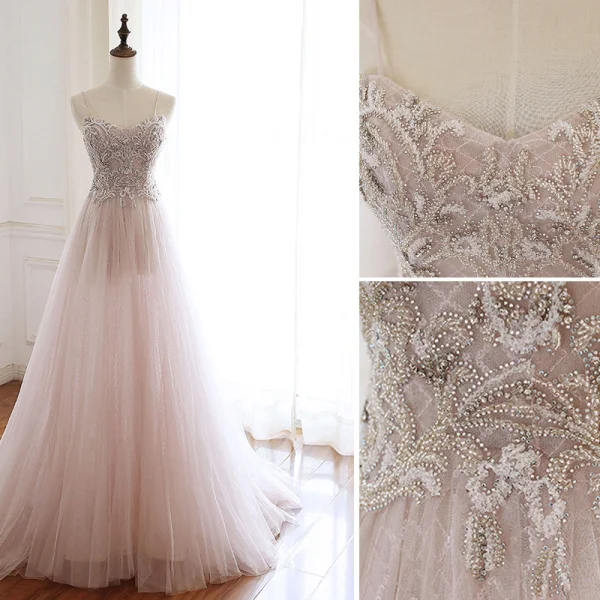 Luxury / Gorgeous Pearl Pink Handmade Beading Evening Dresses 2020 A-Line / Princess Spaghetti Straps Rhinestone Sleeveless Backless Sweep Train Formal Dresses
