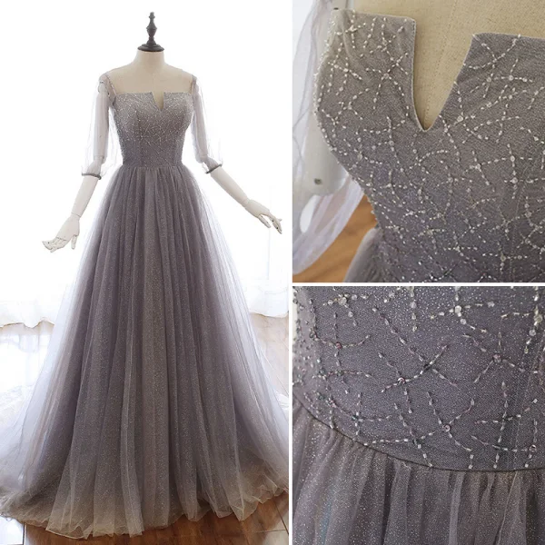 Luxus / Herrlich Grau Violett Glanz Abendkleider 2020 A Linie Off Shoulder Perlenstickerei Strass Pailletten 3/4 Ärmel Rückenfreies Sweep / Pinsel Zug Festliche Kleider