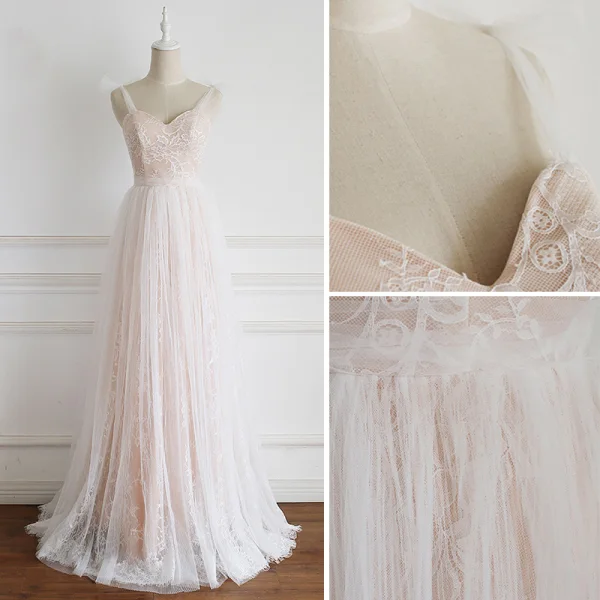 Charming Champagne Wedding Dresses 2020 A-Line / Princess Spaghetti Straps Lace Flower Sleeveless Backless Floor-Length / Long