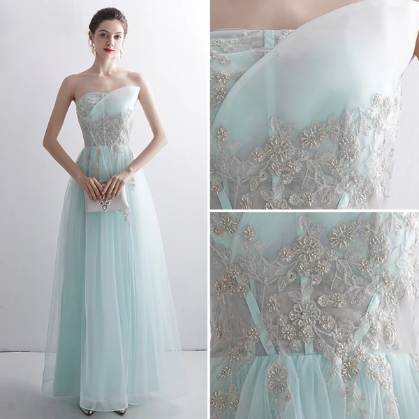 Classy Mint Green Evening Dresses 2020 A-Line / Princess Strapless Beading Lace Flower Sleeveless Backless Floor-Length / Long Formal Dresses