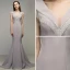 Élégant Argenté Gris Robe De Soirée 2020 Trompette / Sirène V-Cou Perlage Gland Sans Manches Dos Nu Train De Balayage Robe De Ceremonie