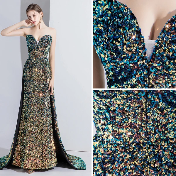 High End Multifarben Abendkleider 2020 Meerjungfrau Bandeau Perlenstickerei Pailletten Ärmellos Rückenfreies Sweep / Pinsel Zug Festliche Kleider