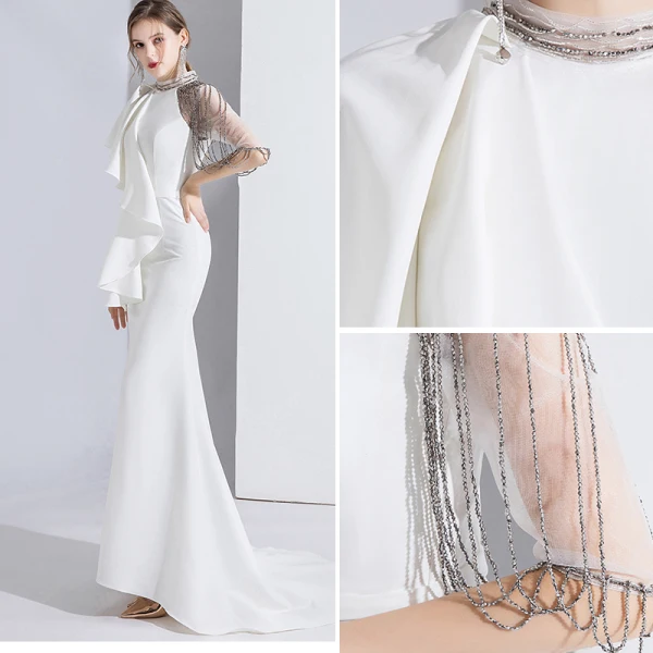 Fashion White Evening Dresses 2020 Trumpet / Mermaid Scoop Neck Beading Short Sleeve Sweep Train Formal Dresses