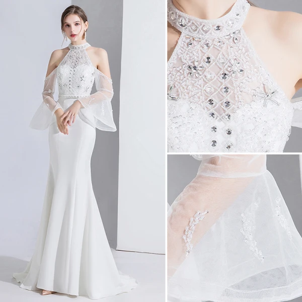 Fashion White Evening Dresses 2020 Trumpet / Mermaid Beading Rhinestone Sequins Lace Flower High Neck Bell sleeves Sweep Train Formal Dresses