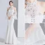 Fashion White Evening Dresses  2020 Trumpet / Mermaid Beading Rhinestone Sequins Lace Flower High Neck Bell sleeves Sweep Train Formal Dresses