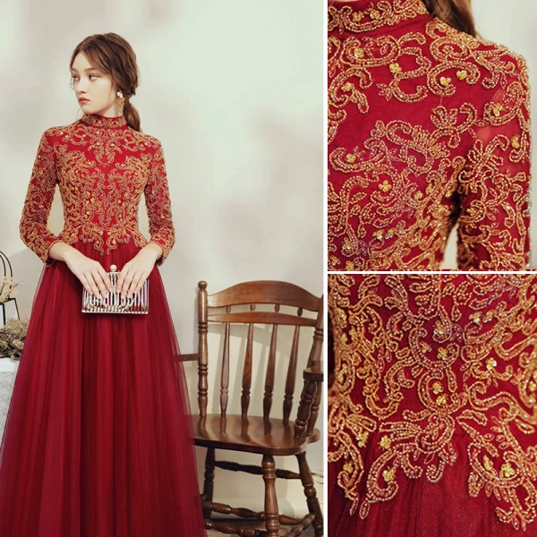 Elegant Burgundy Prom Dresses 2020 A-Line / Princess High Neck Beading Rhinestone Sequins 3/4 Sleeve Backless Floor-Length / Long Formal Dresses