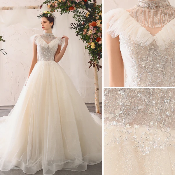 Elegante Ivory / Creme Brautkleider / Hochzeitskleider 2020 A Linie Stehkragen Perlenstickerei Quaste Pailletten Applikationen Ärmellos Rückenfreies Kathedrale Schleppe
