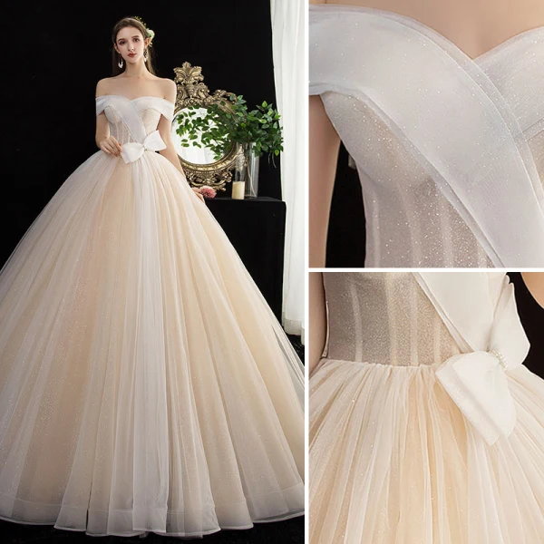 Fashion Champagne Glitter Wedding Dresses 2020 Ball Gown Off-The-Shoulder Bow Short Sleeve Backless Floor-Length / Long