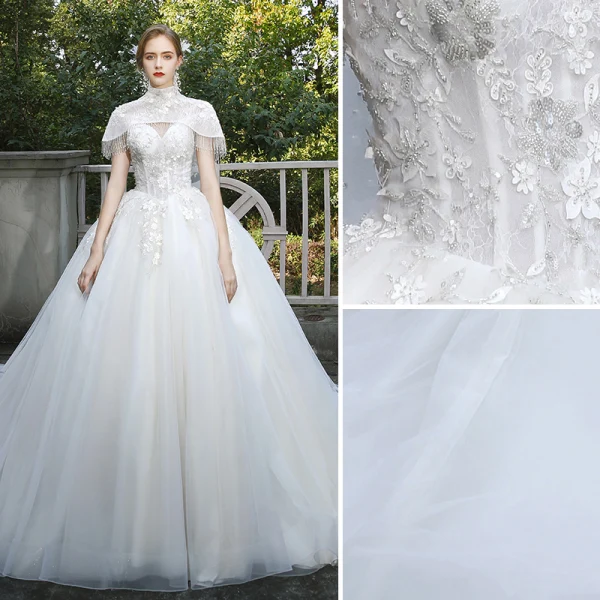 Fashion Ivory Wedding Dresses 2020 Ball Gown High Neck Beading Tassel Sequins Lace Flower Appliques Cap Sleeves Cathedral Train
